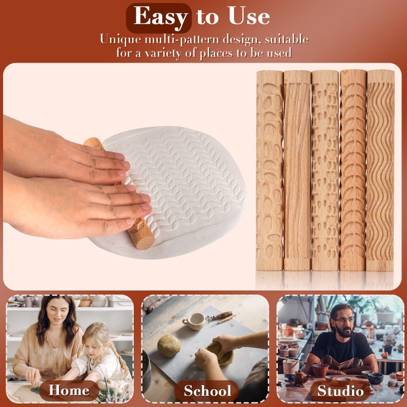 Lzttyee Set of 5 Wooden Handle Pottery Tools Clay Modeling Pattern Rollers Kit Brown (Set of 5) - Image 4